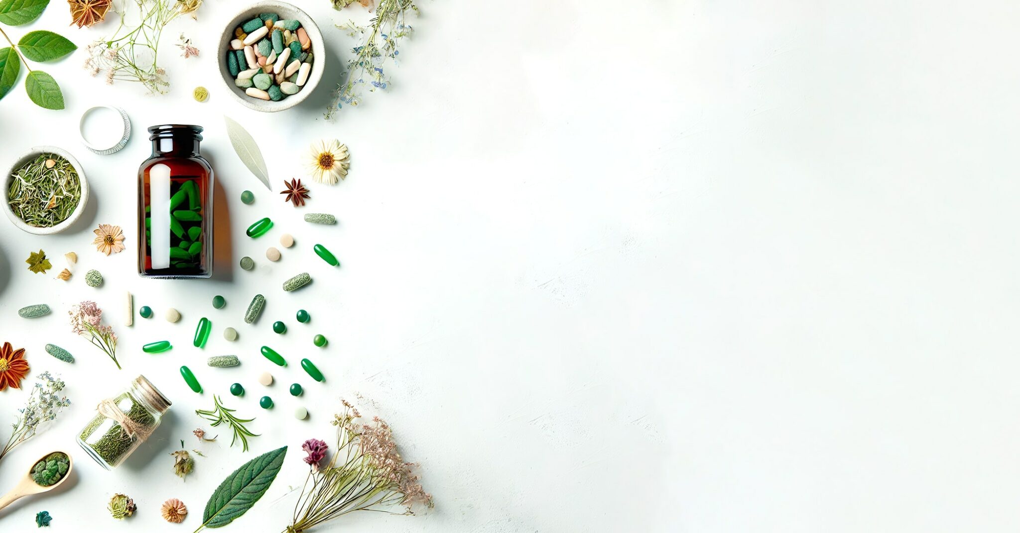 Premium wellness bottles and vitamins on a clean green background